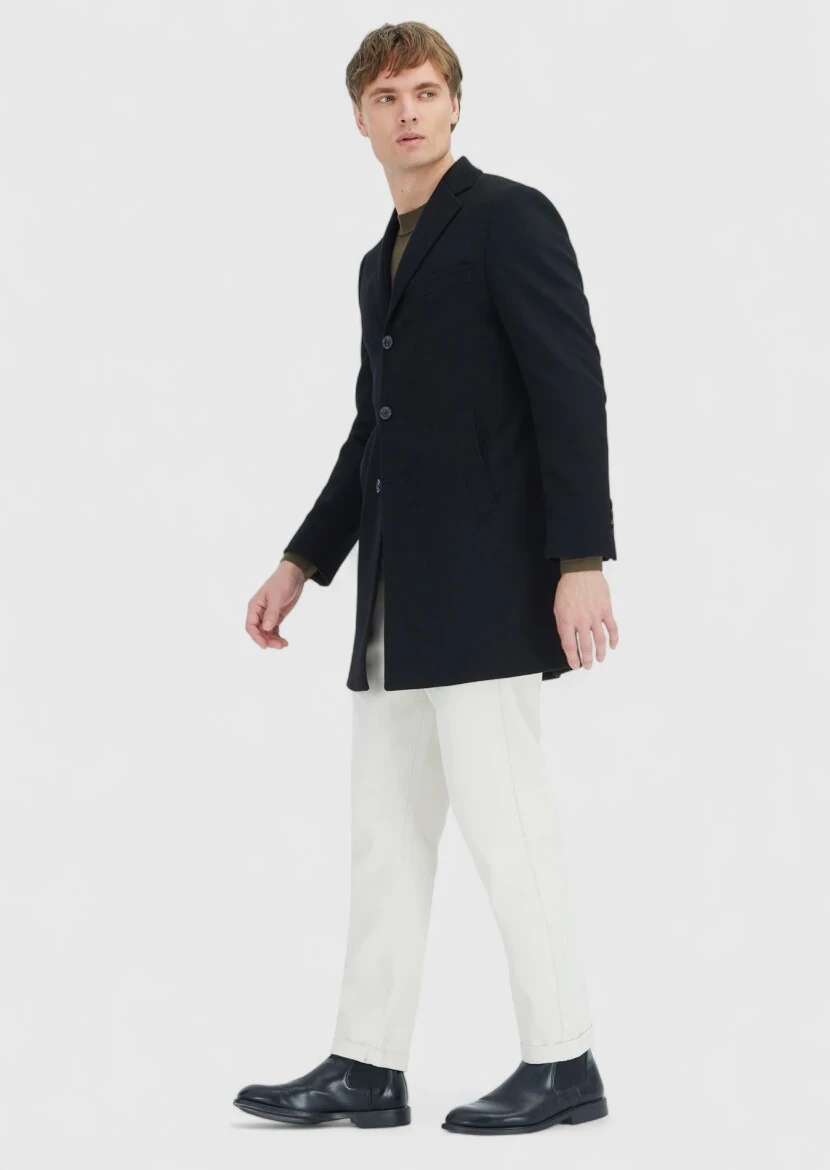 Siyah Regular Fit Kelebek Yaka Klasik Dokuma Palto 