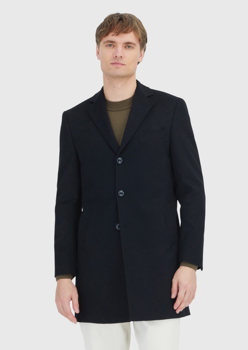 Siyah Regular Fit Kelebek Yaka Klasik Dokuma Palto - 1