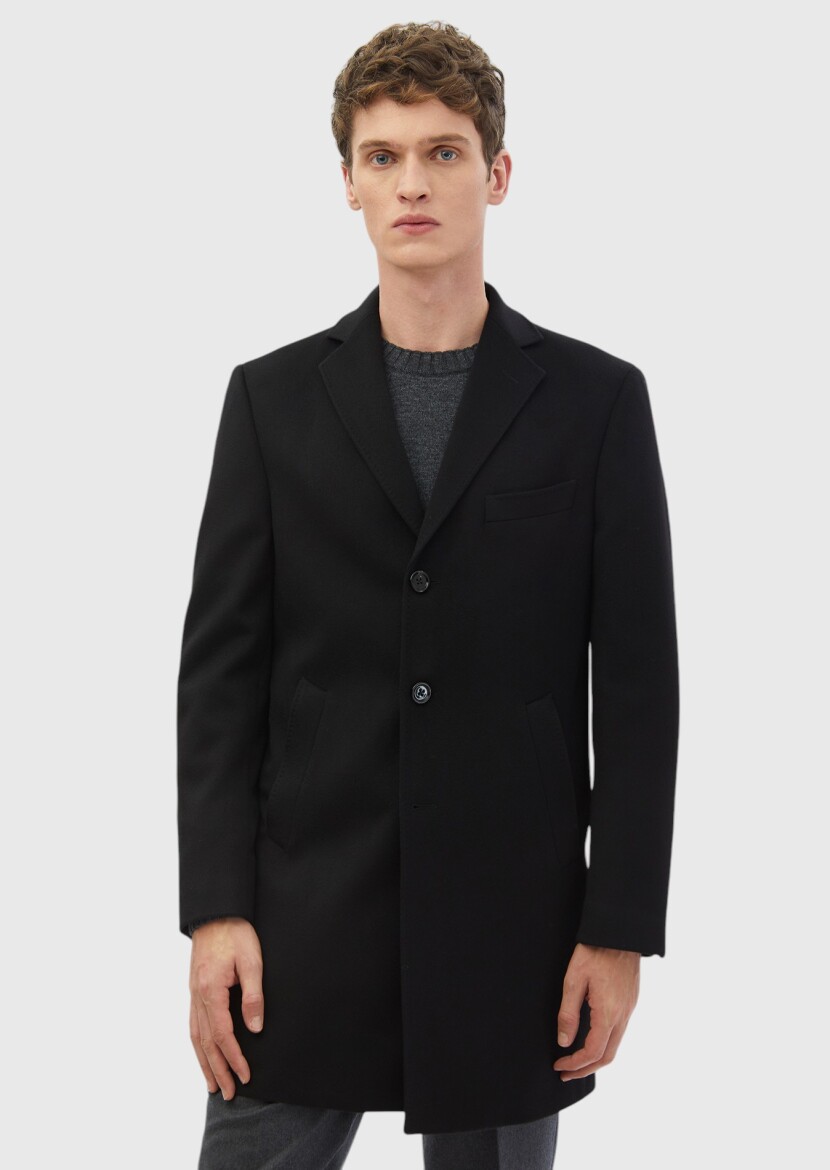 Siyah Regular Fit Kelebek Yaka Klasik Dokuma Palto - 1
