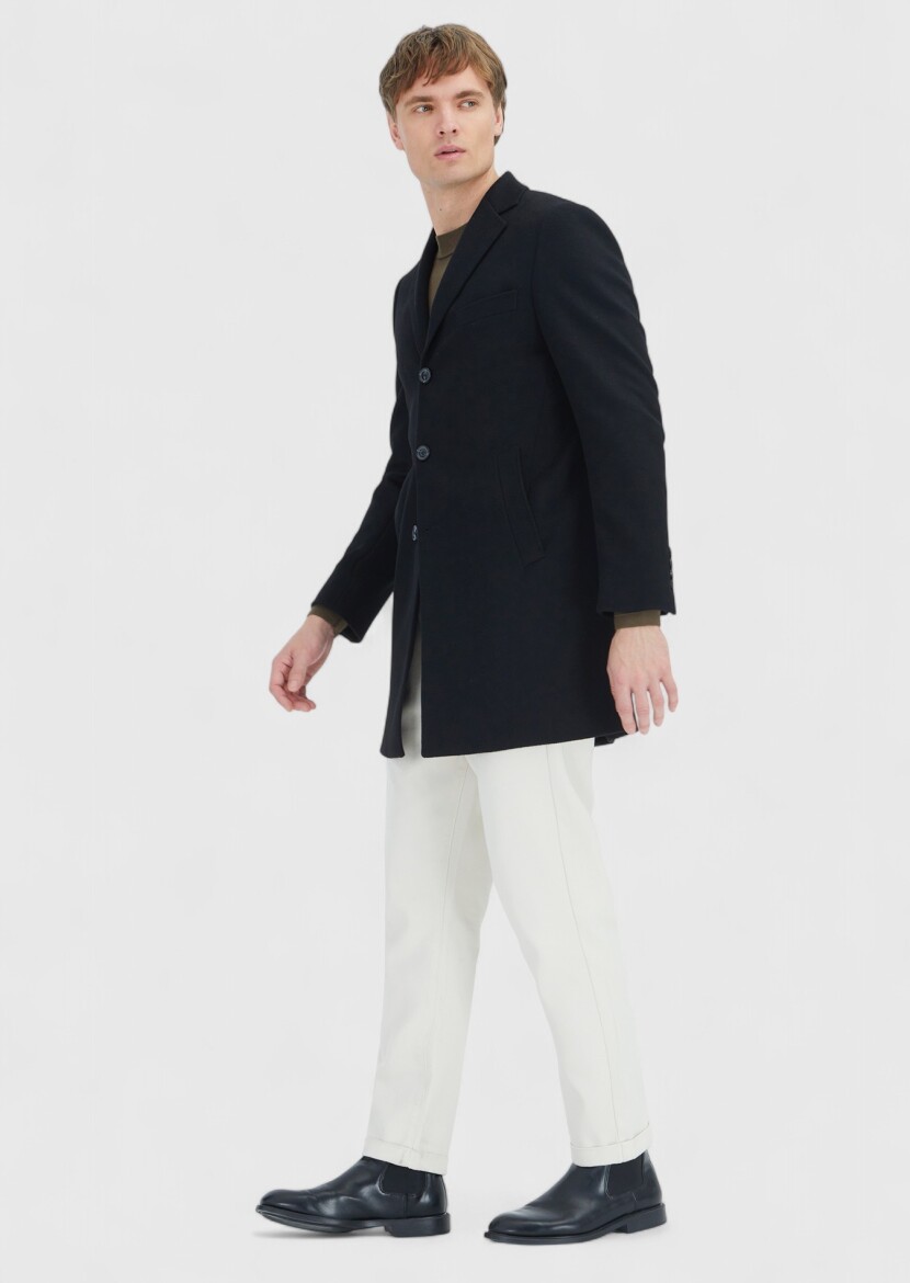 Siyah Regular Fit Klasik Dokuma Palto 