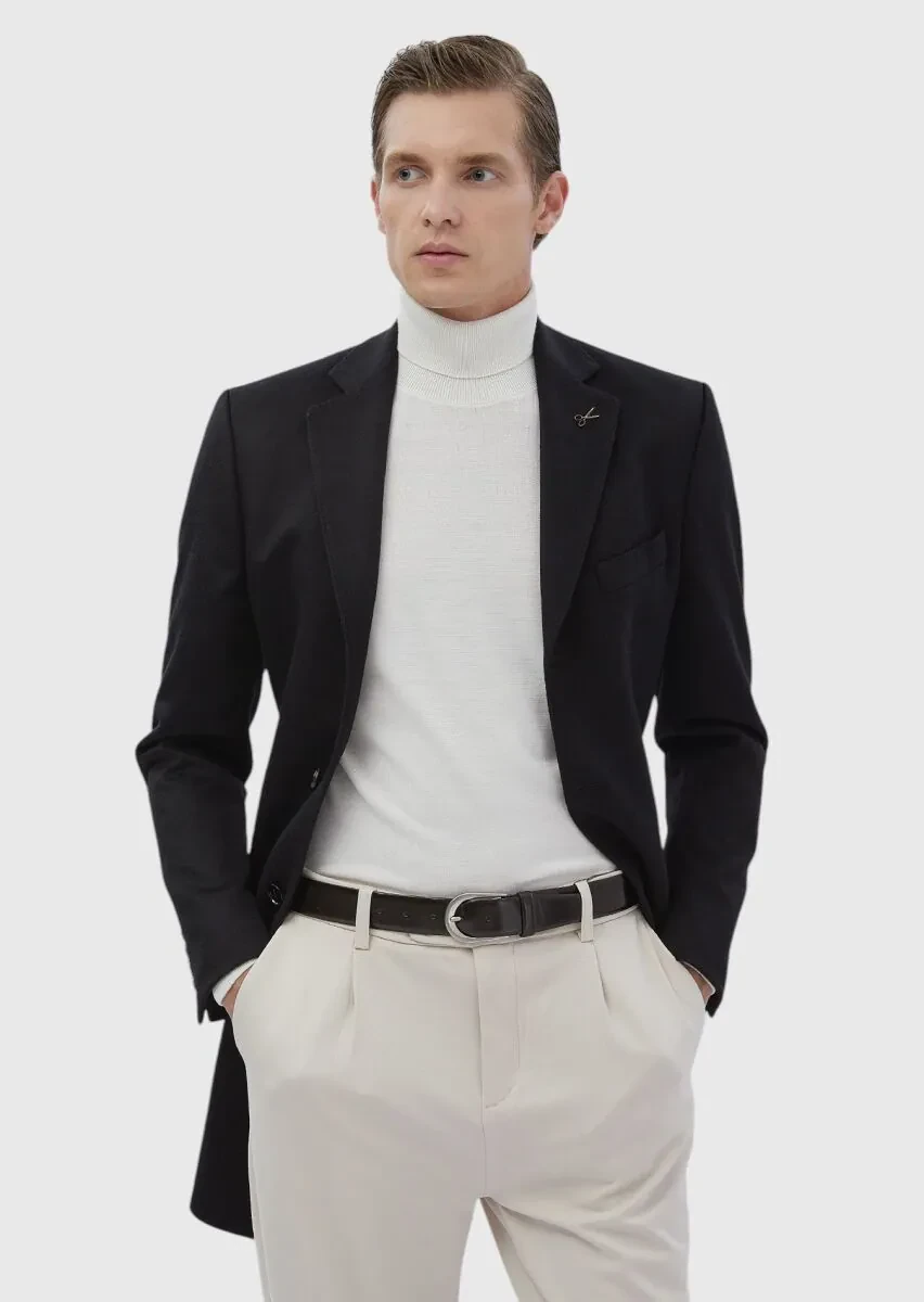 Siyah Regular Fit Klasik Dokuma Palto - 1