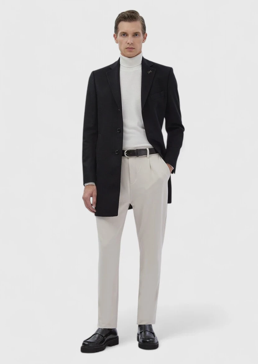 Siyah Regular Fit Klasik Dokuma Palto - 3