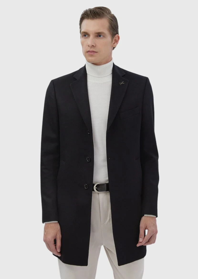 Siyah Regular Fit Klasik Dokuma Palto - 4