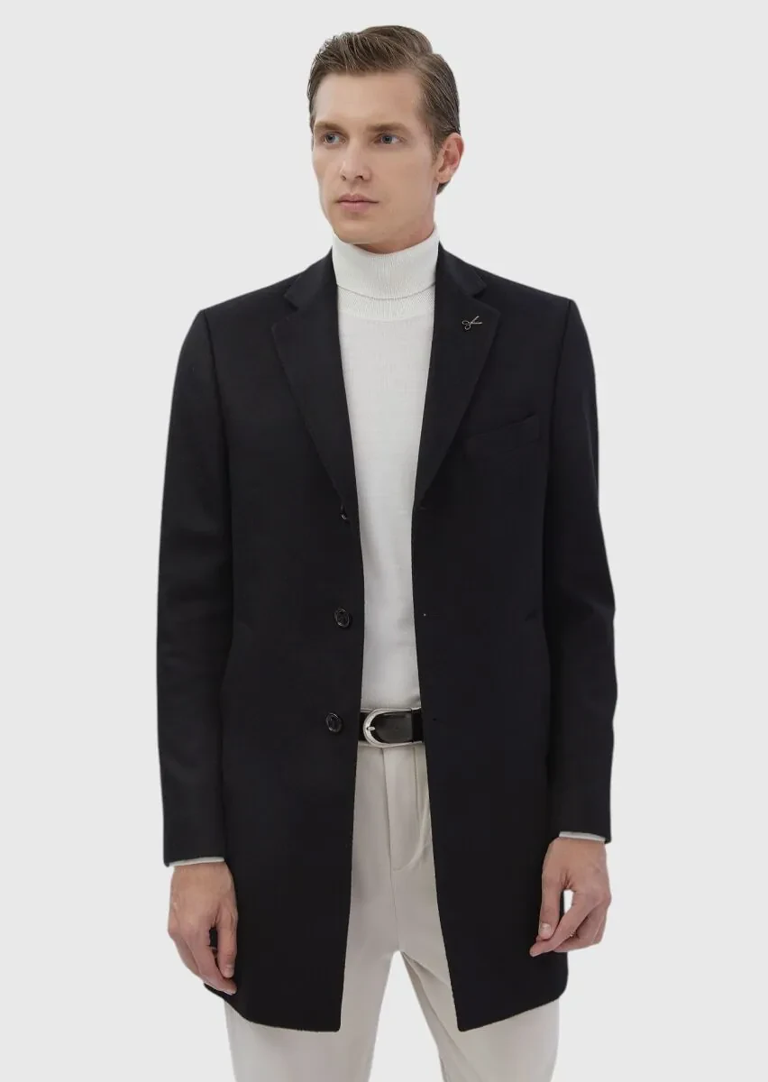 Siyah Regular Fit Klasik Dokuma Palto - 4