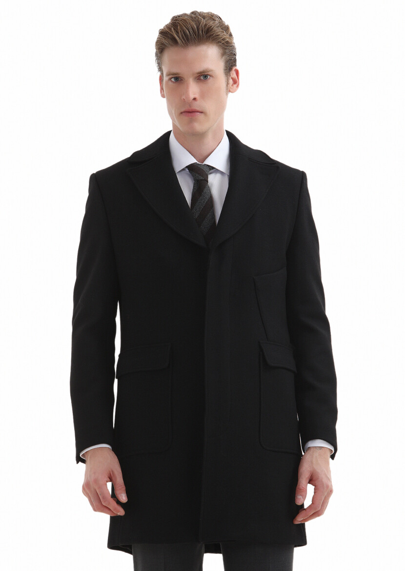 Siyah Regular Fit Kruvaze Yaka Casual Dokuma Palto - 2