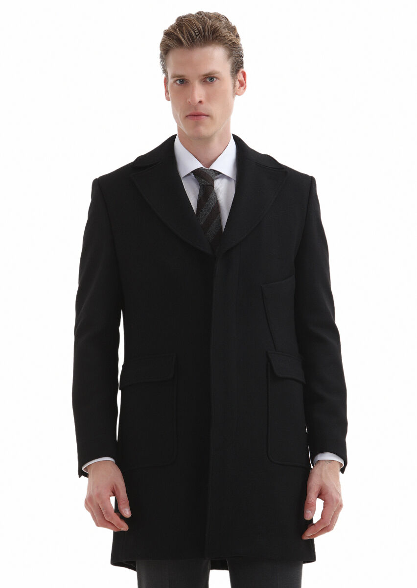 Siyah Regular Fit Kruvaze Yaka Casual Dokuma Palto - 2