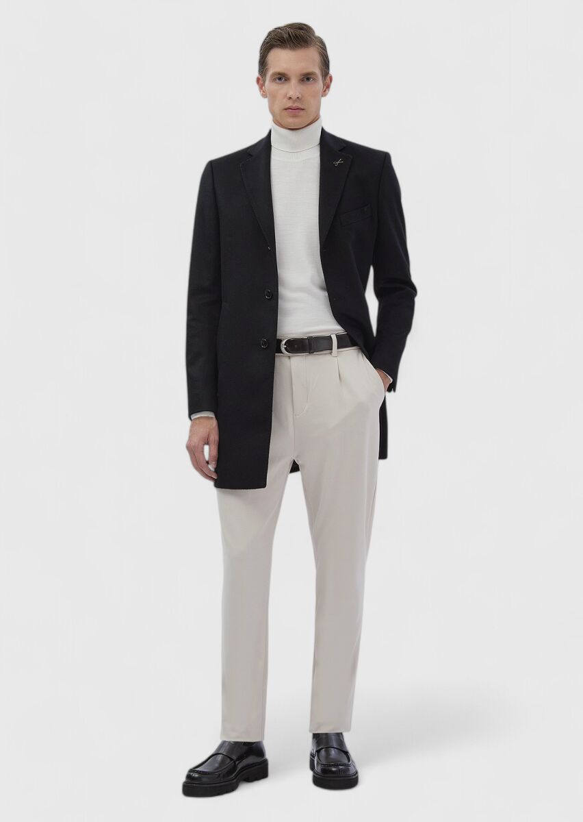 Siyah Regular Fit Şal Yaka Klasik Dokuma Palto - 3