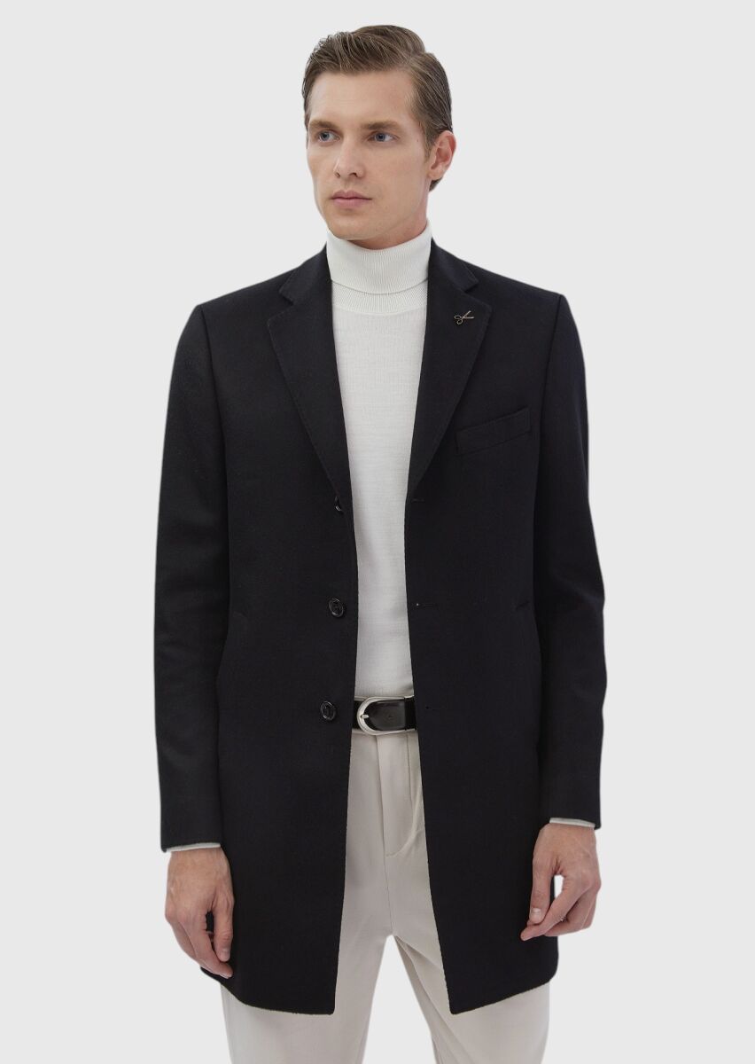 Siyah Regular Fit Şal Yaka Klasik Dokuma Palto - 4