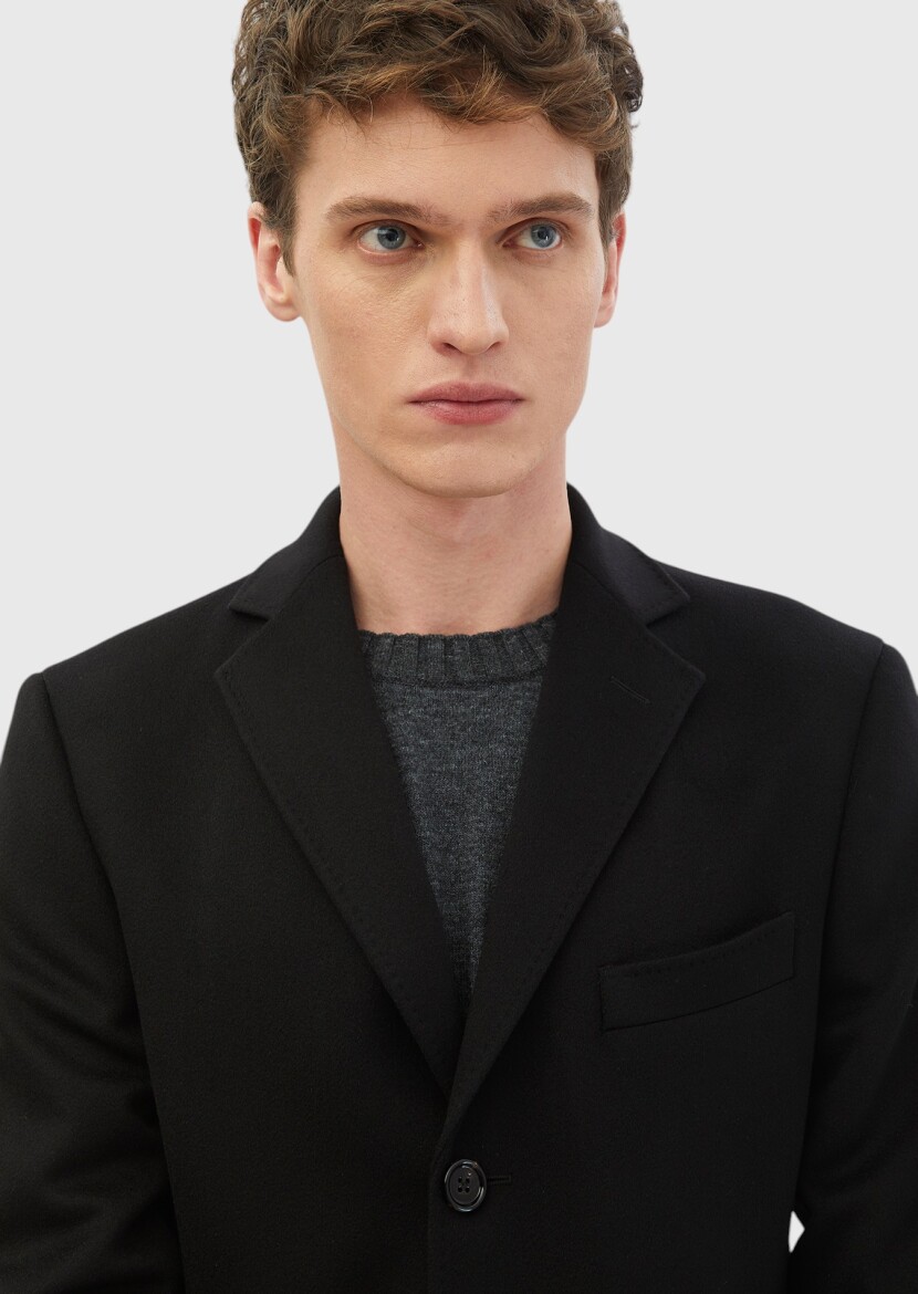Siyah Regular Fit Şal Yaka Klasik Dokuma Palto - 4