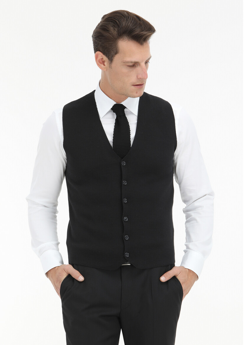 Siyah Regular Fit V Yaka Casual Örme Triko Yelek - 1