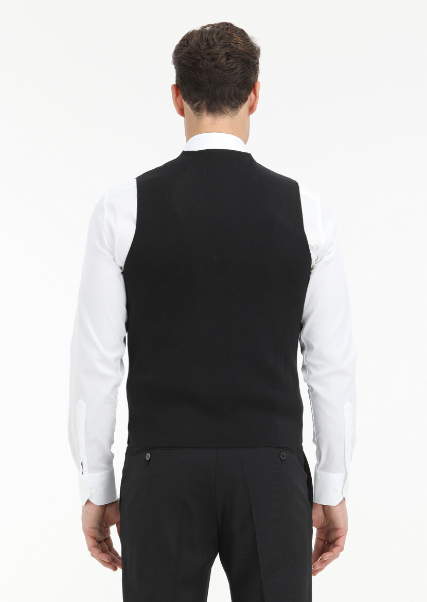 Siyah Regular Fit V Yaka Casual Örme Triko Yelek - 4