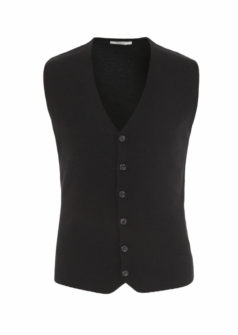 Siyah Regular Fit V Yaka Casual Örme Triko Yelek - 5