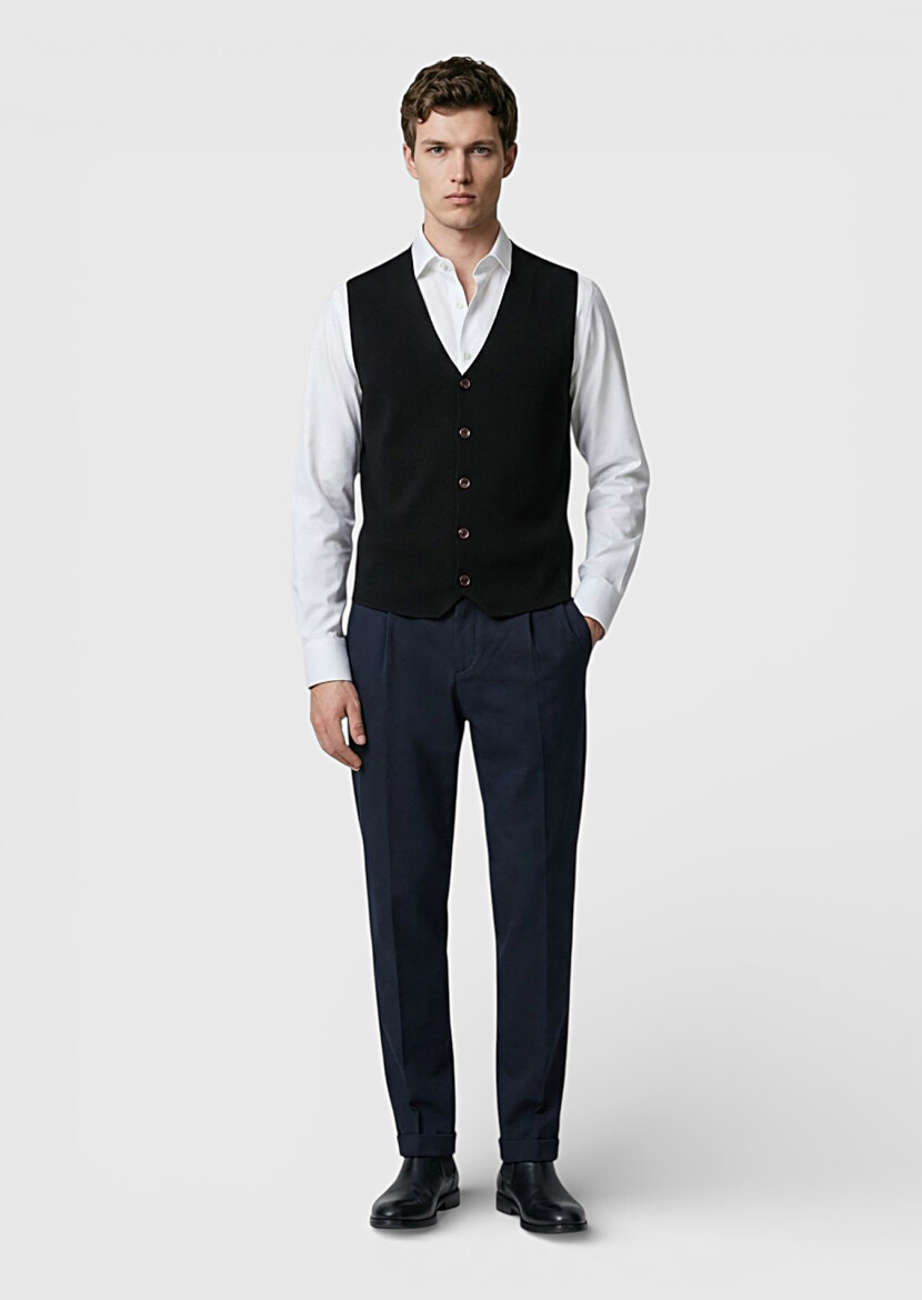 Siyah Regular Fit V Yaka Casual Örme Triko Yelek - 3