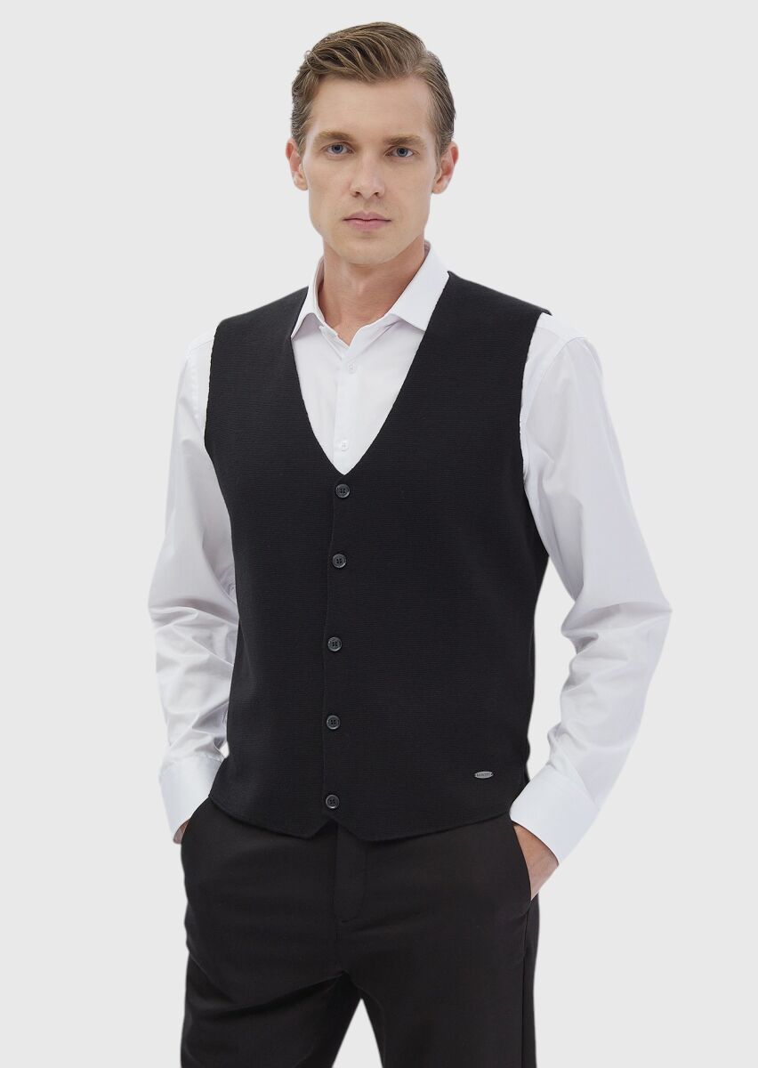 RAMSEY Siyah Regular Fit V Yaka Casual Örme Triko Yelek