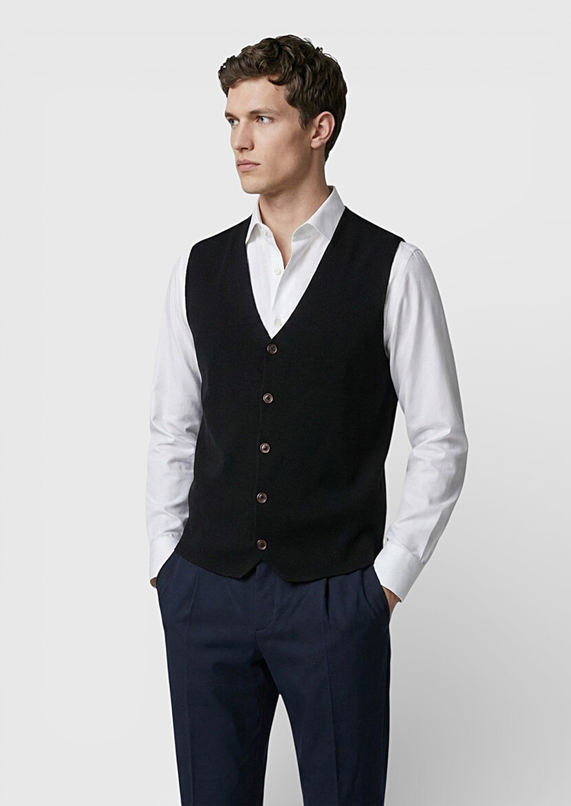 Siyah Regular Fit V Yaka Casual Örme Triko Yelek - 2