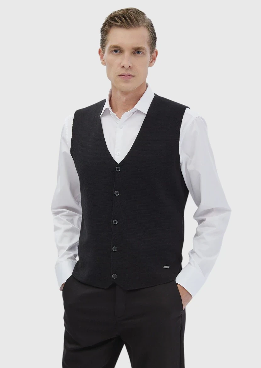Siyah Regular Fit V Yaka Casual Örme Triko Yelek - 1