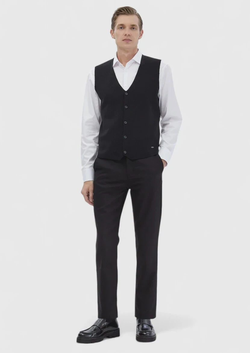 Siyah Regular Fit V Yaka Casual Örme Triko Yelek 