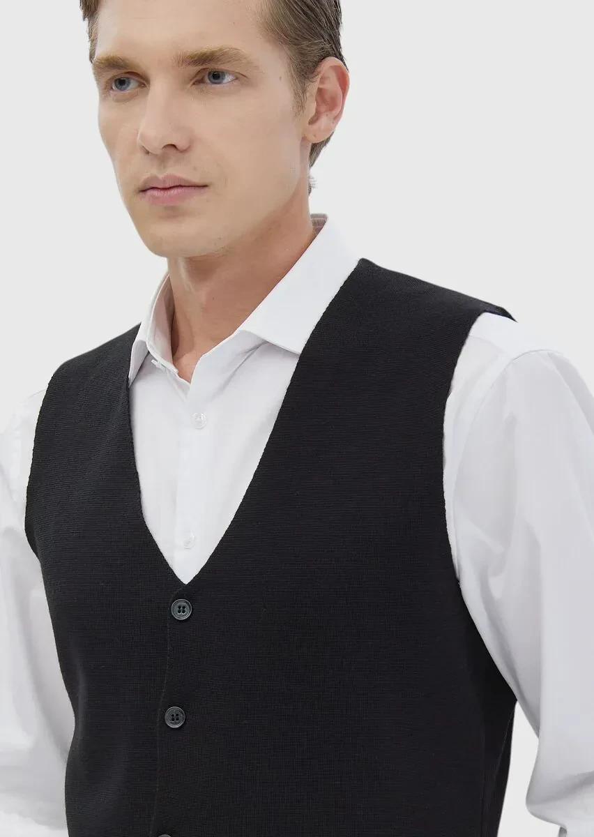Siyah Regular Fit V Yaka Casual Örme Triko Yelek - 3