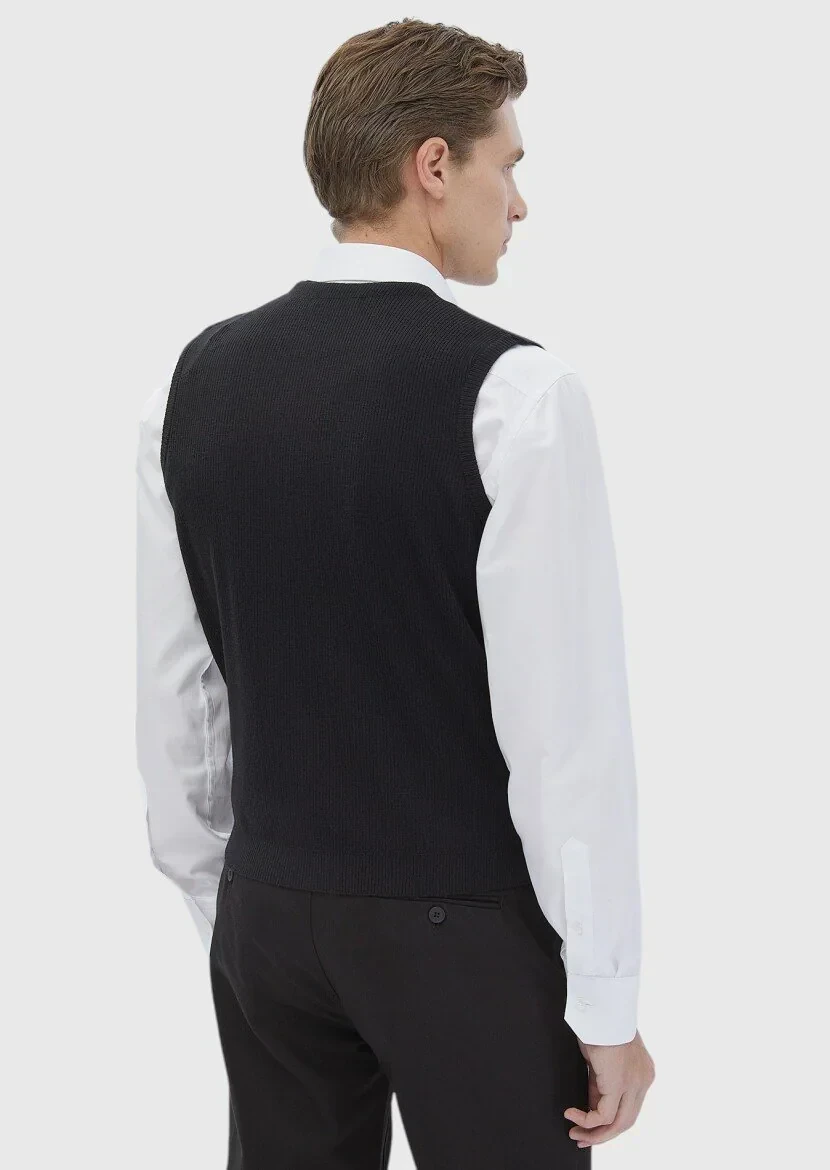 Siyah Regular Fit V Yaka Casual Örme Triko Yelek - 5