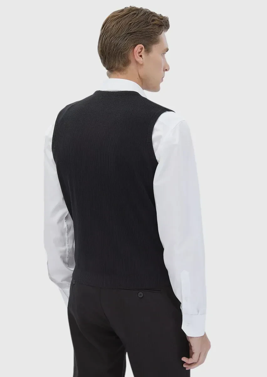 Siyah Regular Fit V Yaka Casual Örme Triko Yelek - 5