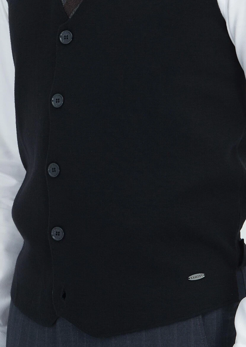 Siyah Regular Fit V Yaka Casual Örme Triko Yelek - 3