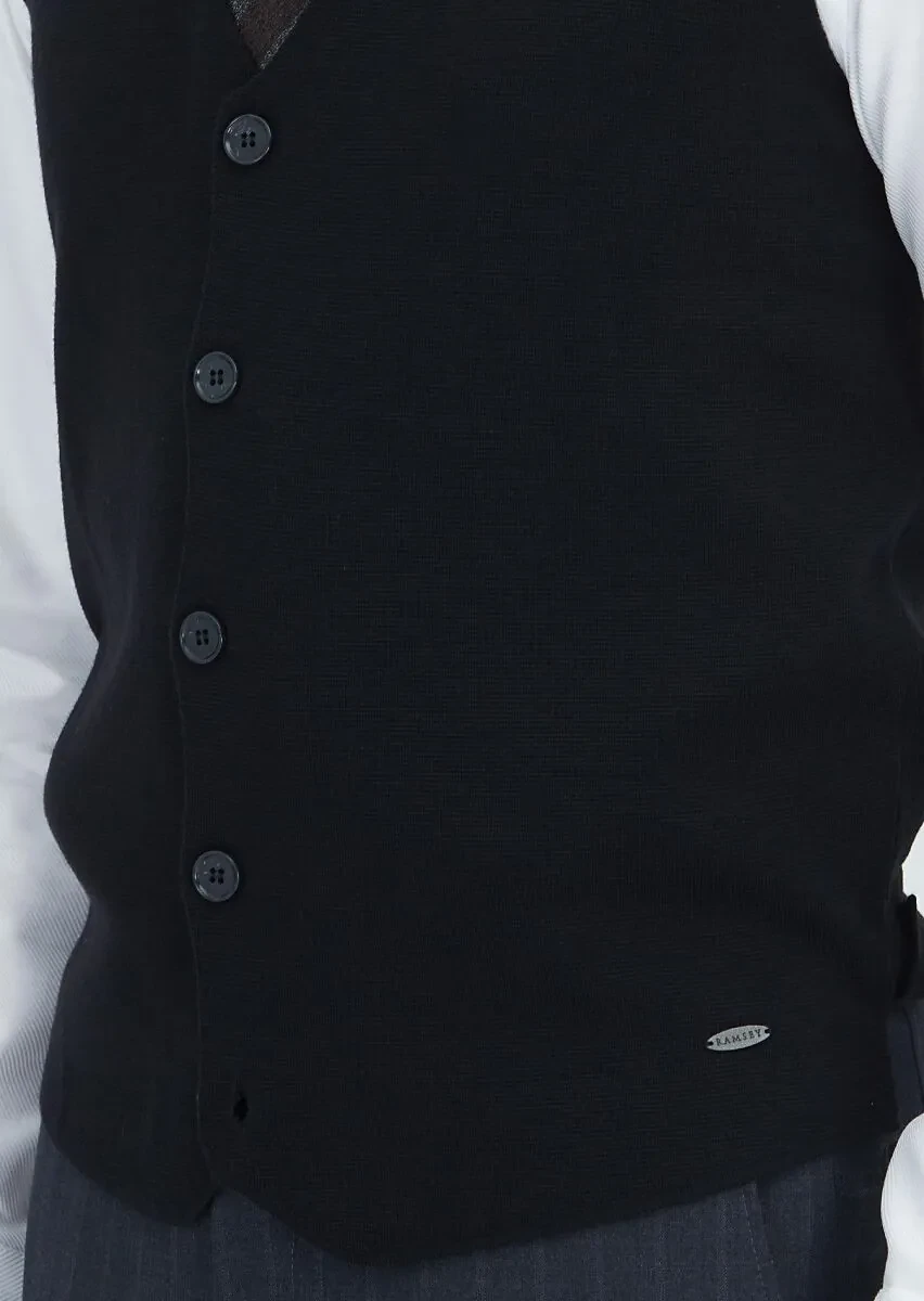 Siyah Regular Fit V Yaka Casual Örme Triko Yelek - 3