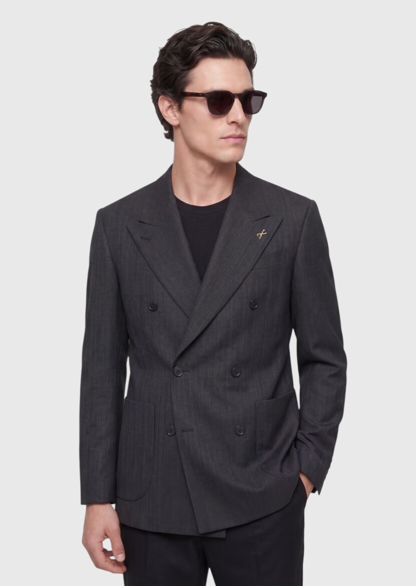 Siyah Relaxed Fit %100 Keten Ceket - 3