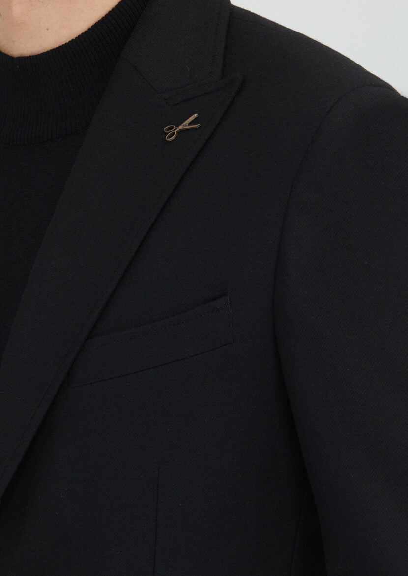 Siyah Shirt Shoulder Slim Fit Yün Karışımlı Ceket - 3