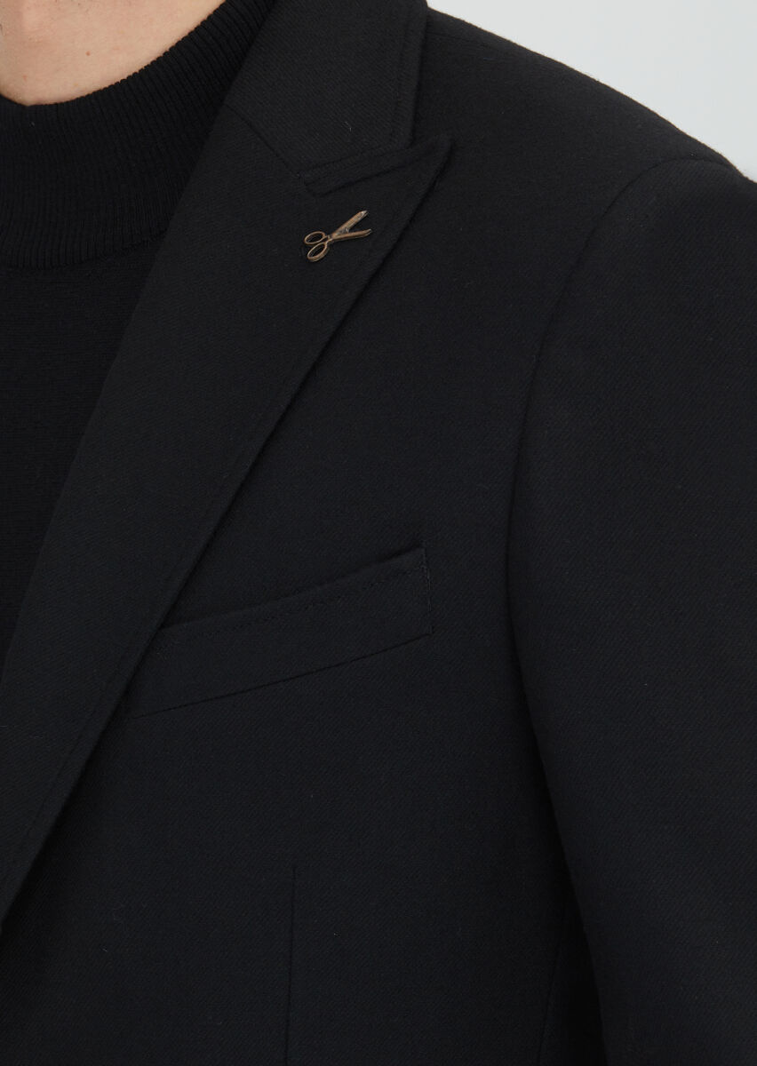 Siyah Shirt Shoulder Slim Fit Yün Karışımlı Ceket - 3
