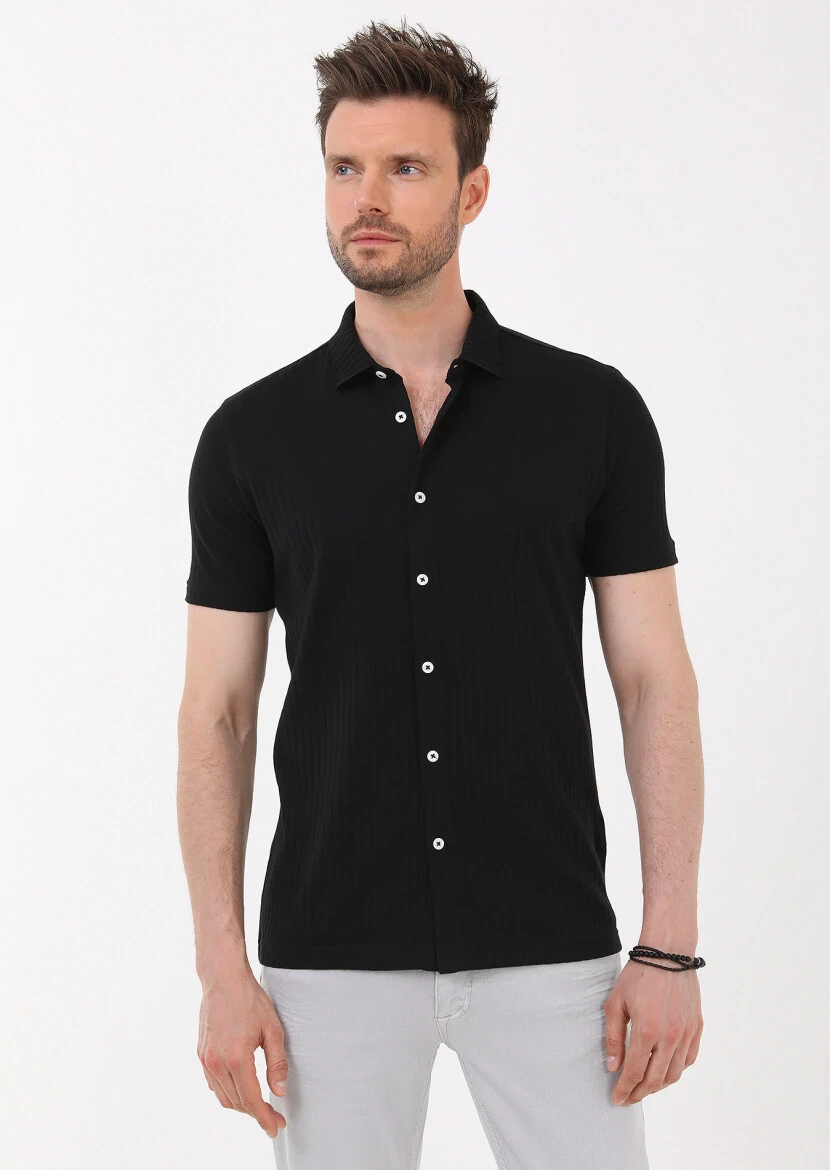 Siyah Slim Fit Casual %100 Pamuk Gömlek - 3