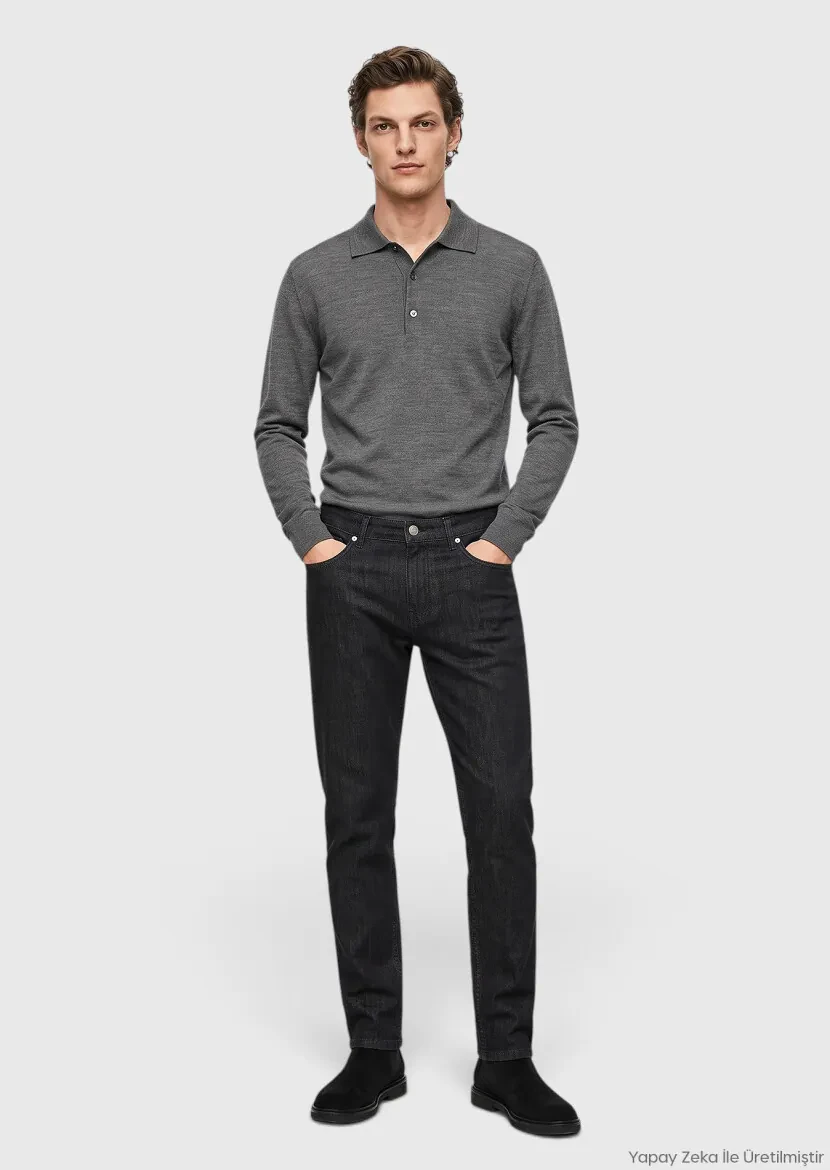 Siyah Slim Fit Denim Pamuk Karışımlı Pantolon 