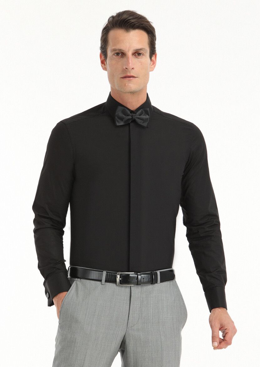 Siyah Slim Fit Duble Manşet Sivri Yaka Smokin Gömlek 