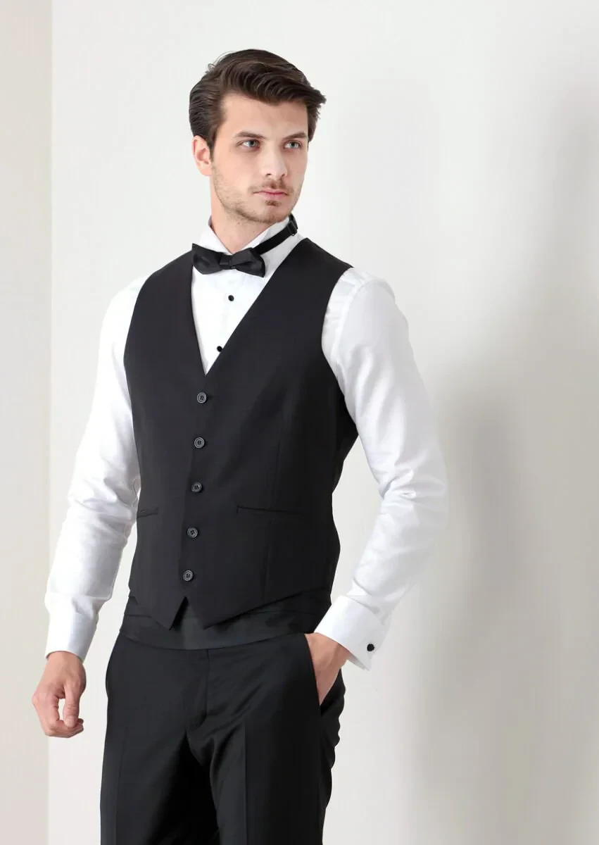Siyah Slim Fit Kelebek Yaka Klasik Yelek - 1