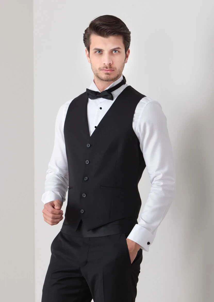 Siyah Slim Fit Kelebek Yaka Klasik Yelek 