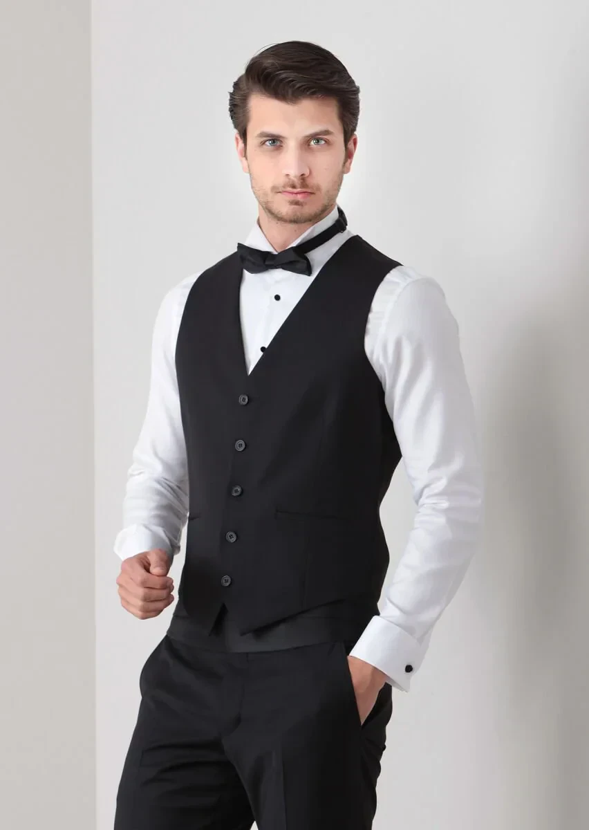 Siyah Slim Fit Kelebek Yaka Klasik Yelek - 2