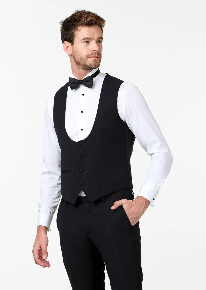 Siyah Slim Fit Kelebek Yaka Klasik Yelek - 1