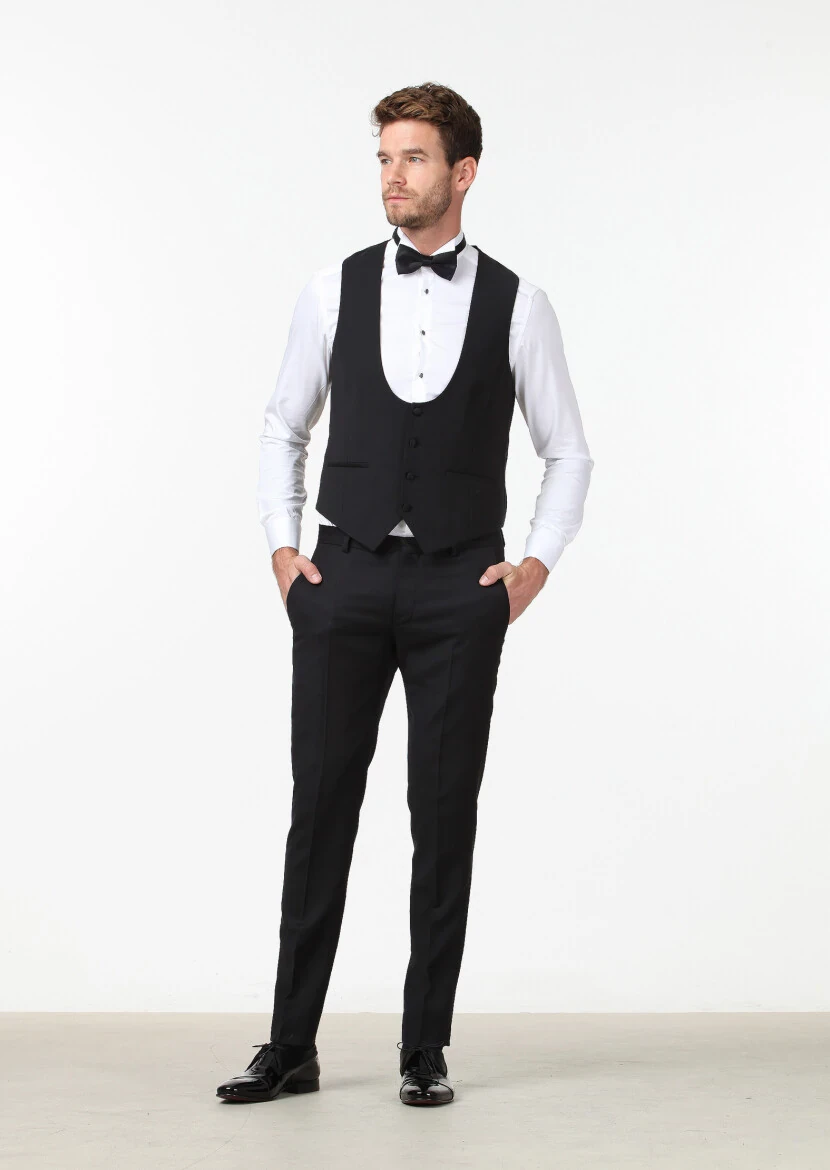 Siyah Slim Fit Kelebek Yaka Klasik Yelek 