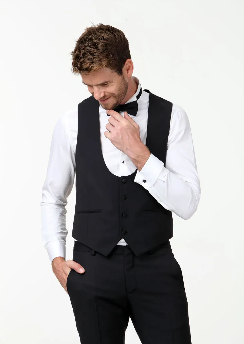 Siyah Slim Fit Kelebek Yaka Klasik Yelek - 3