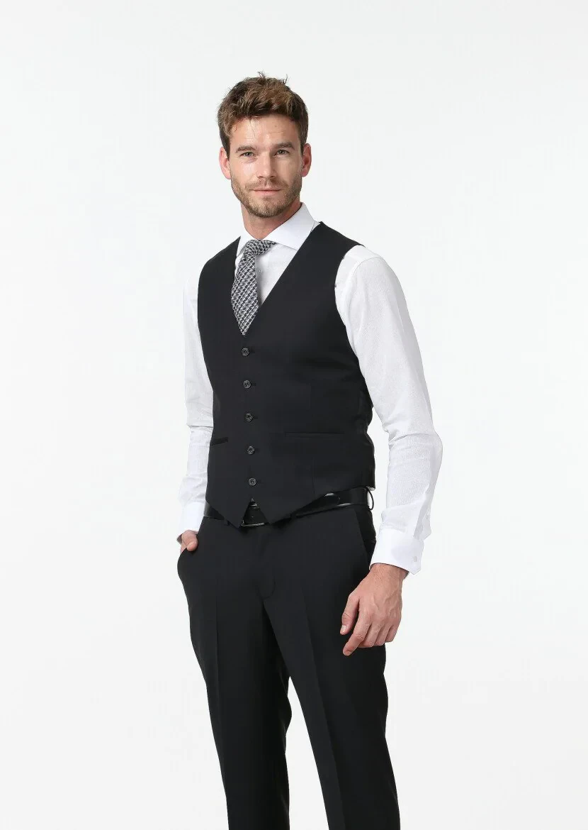 Siyah Slim Fit Kelebek Yaka Klasik Yelek - 1