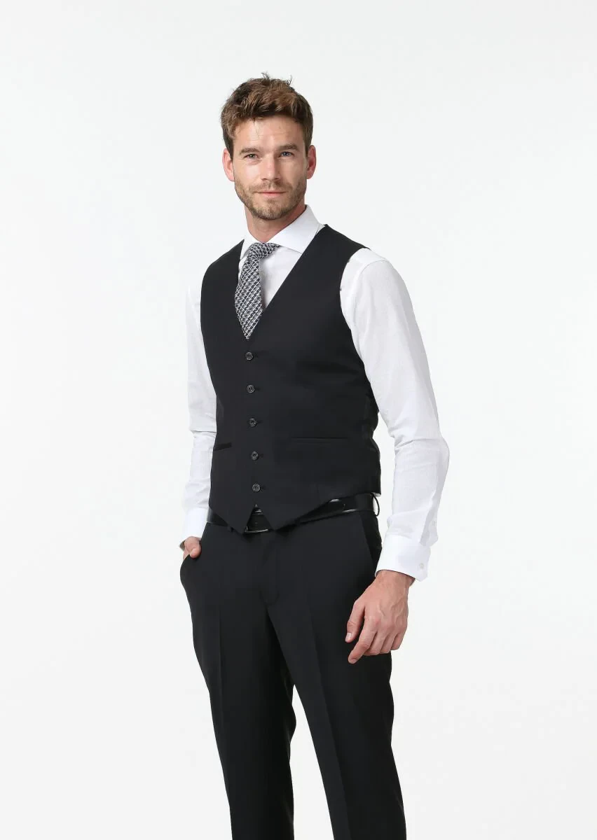 Siyah Slim Fit Kelebek Yaka Klasik Yelek - 1