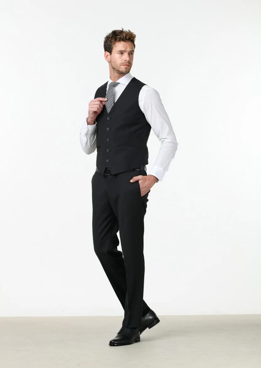 Siyah Slim Fit Kelebek Yaka Klasik Yelek 