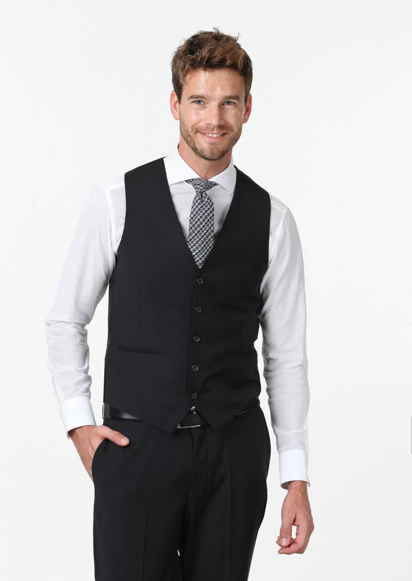 Siyah Slim Fit Kelebek Yaka Klasik Yelek - 3