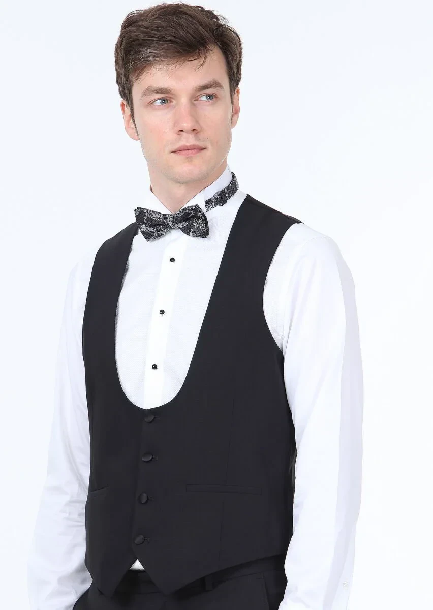 Siyah Slim Fit Kelebek Yaka Klasik Yelek - 1