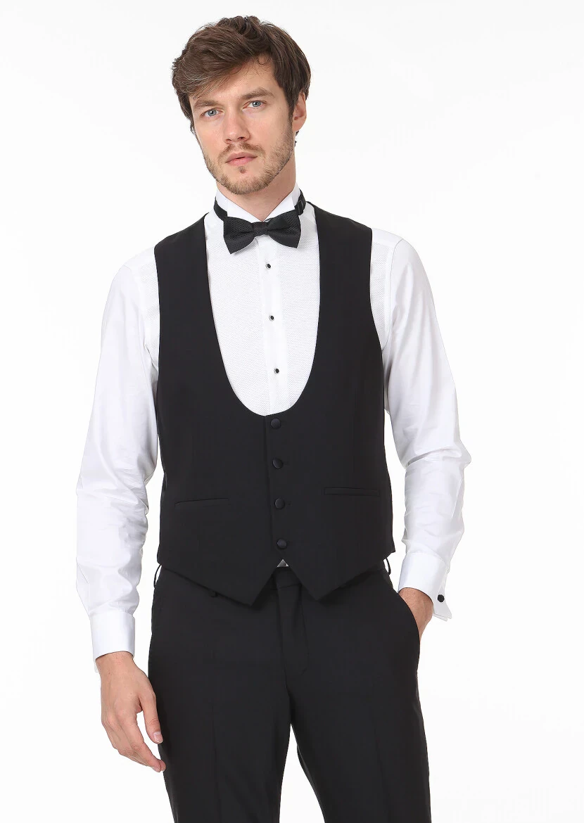 Siyah Slim Fit Kelebek Yaka Klasik Yelek - 2