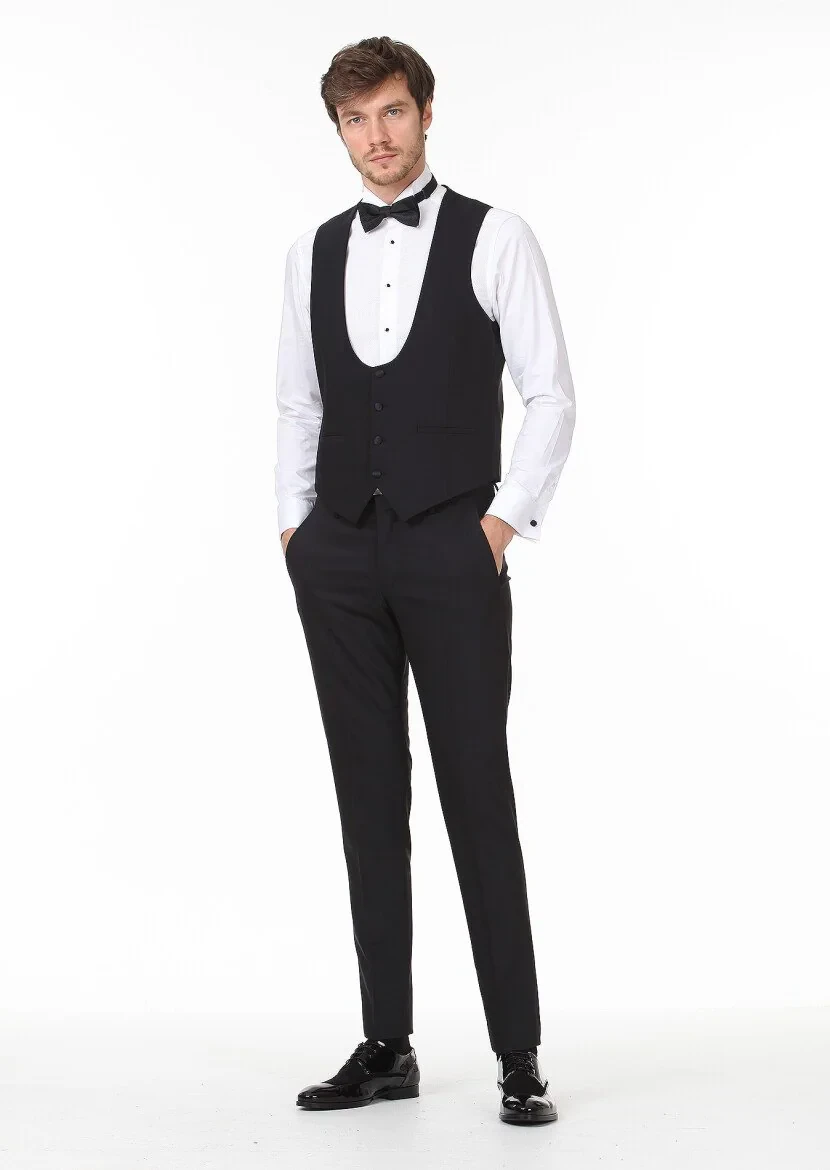 Siyah Slim Fit Kelebek Yaka Klasik Yelek - 3