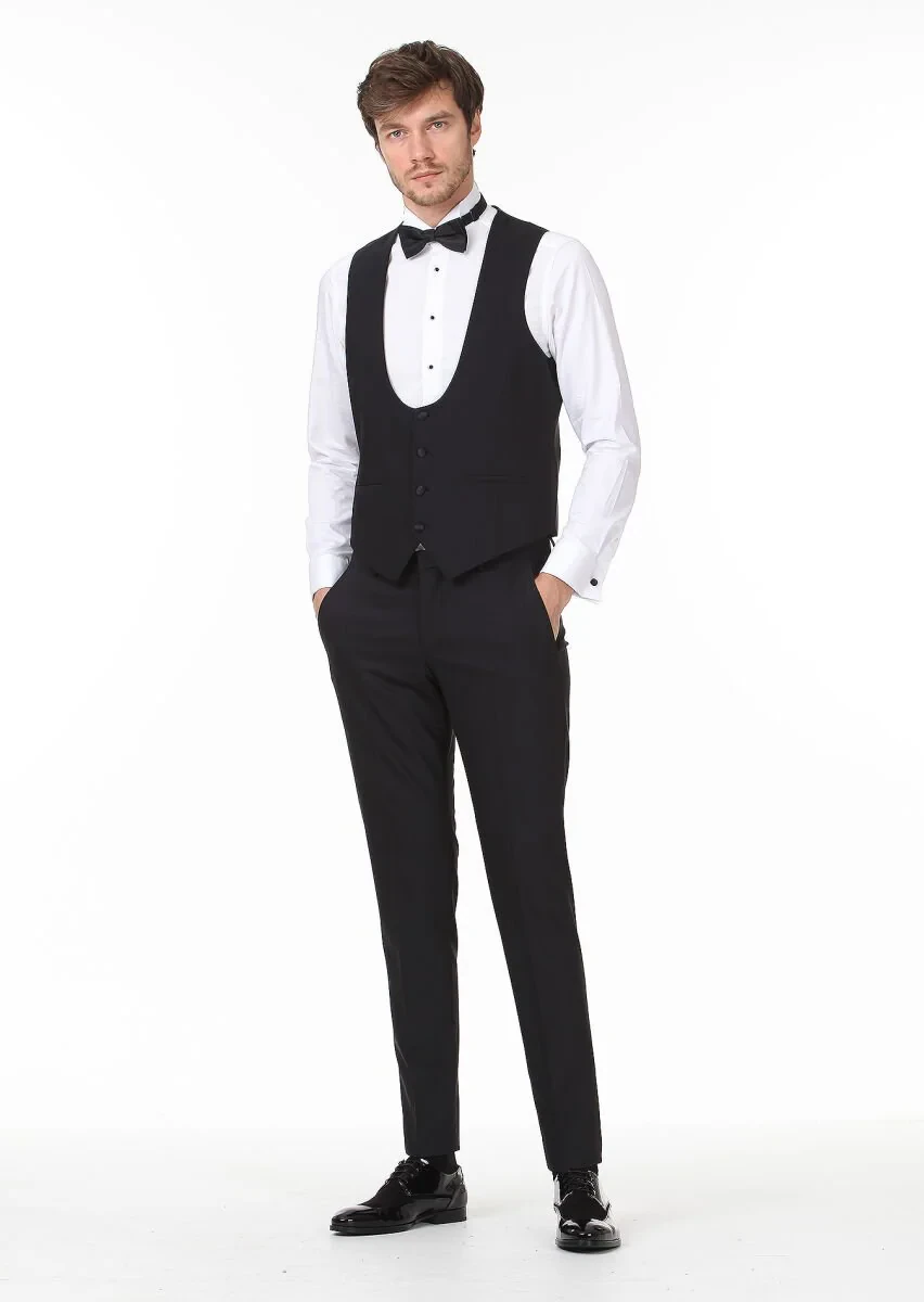 Siyah Slim Fit Kelebek Yaka Klasik Yelek - 3