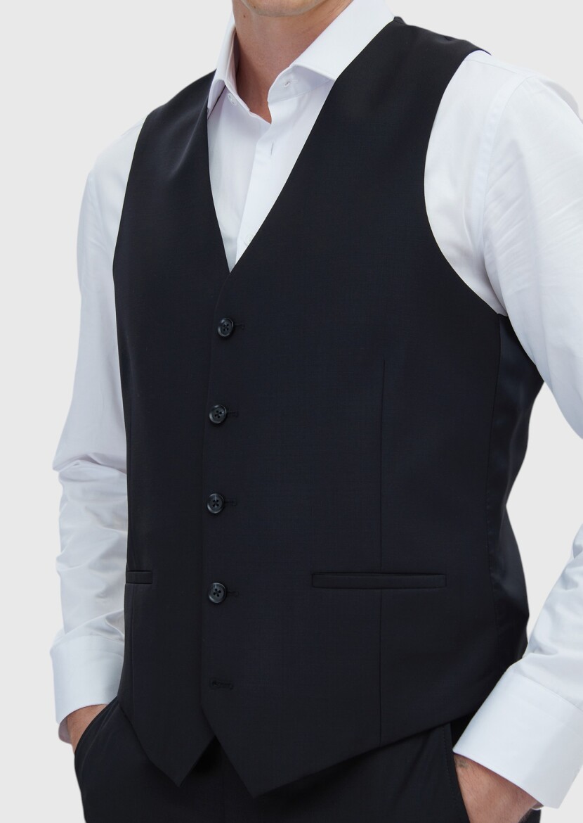 Siyah Slim Fit Kelebek Yaka Klasik Yelek - 4