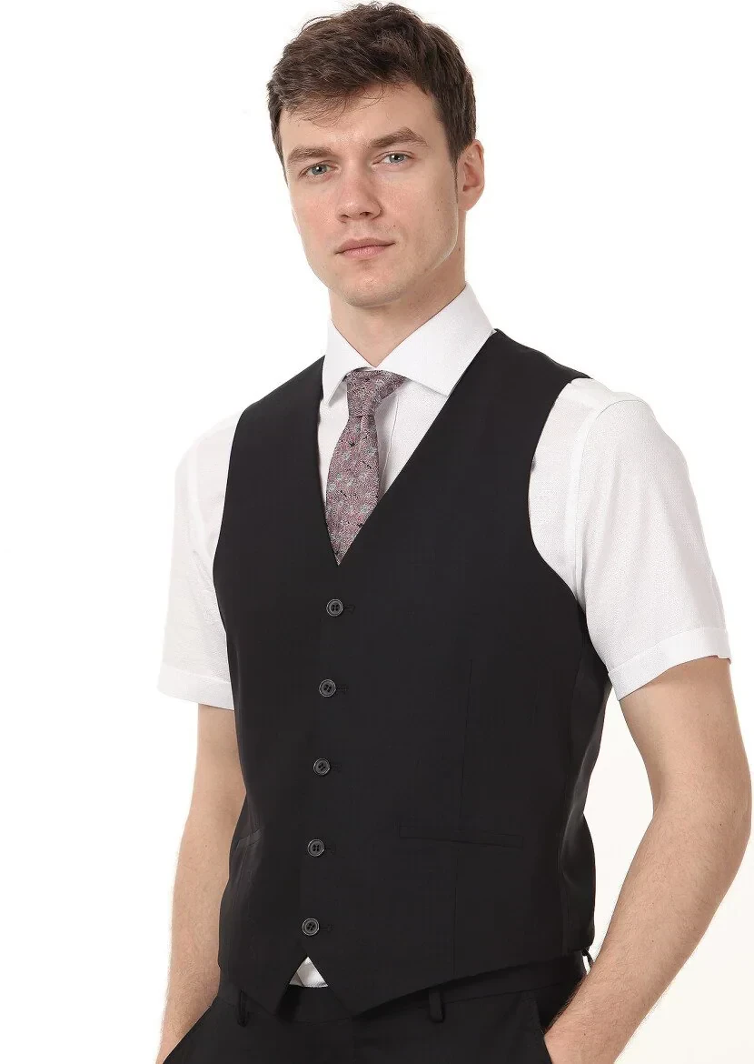 Siyah Slim Fit Kelebek Yaka Klasik Yelek 