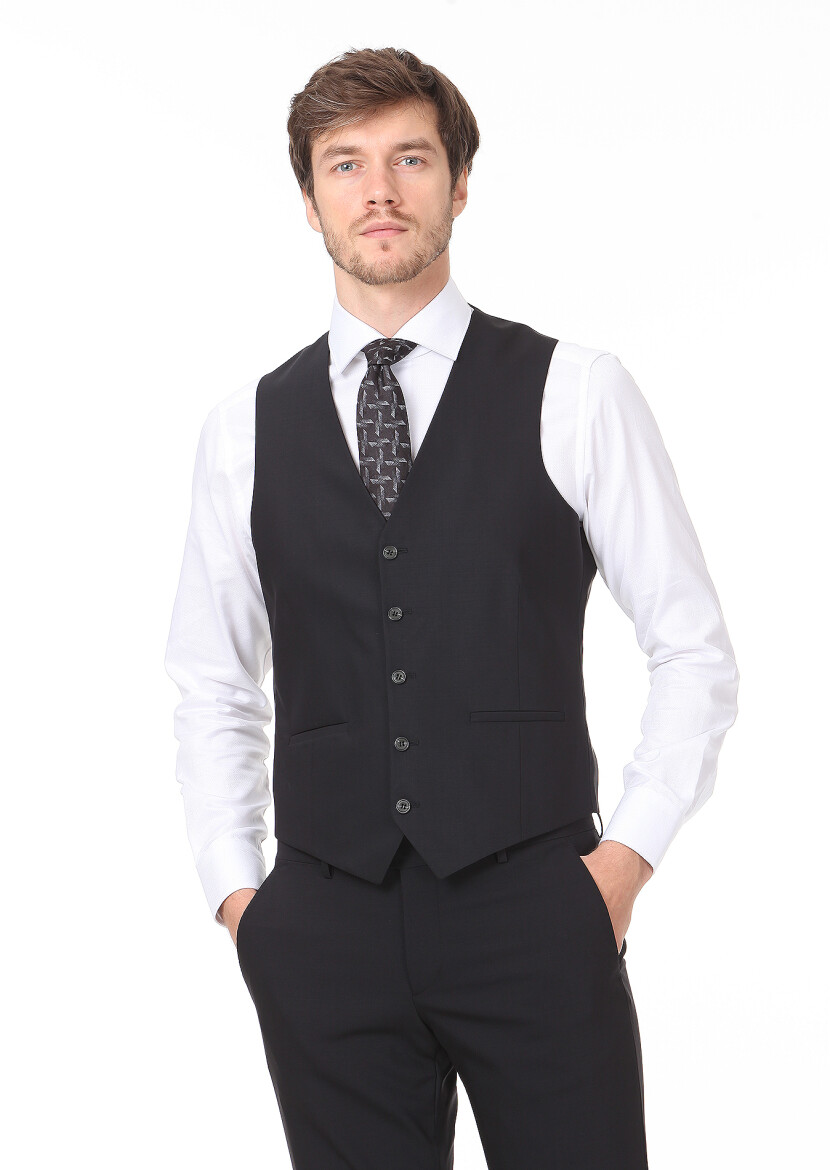 Siyah Slim Fit Kelebek Yaka Klasik Yelek - 2