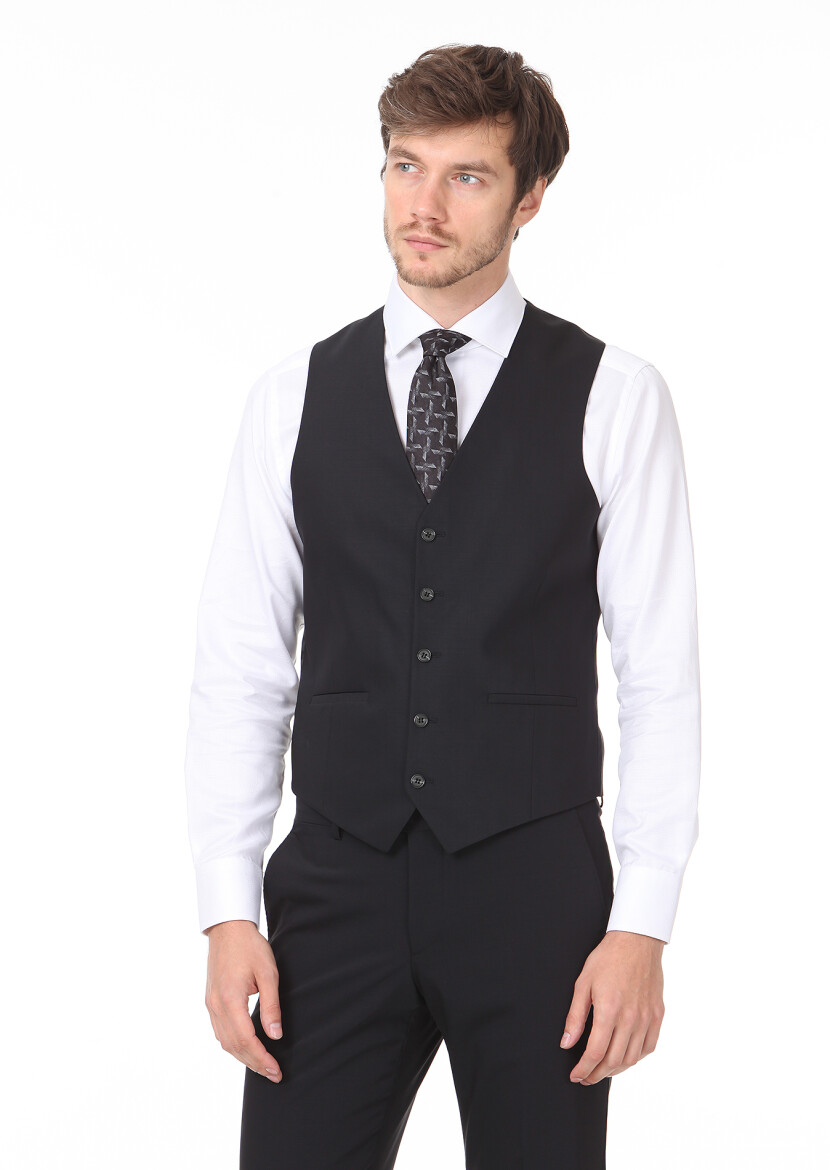 Siyah Slim Fit Kelebek Yaka Klasik Yelek - 3